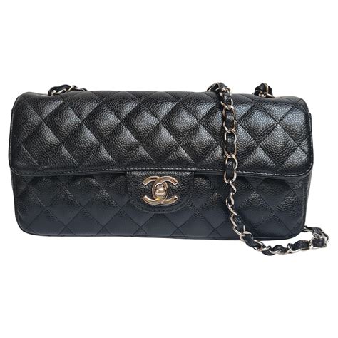 Chanel Black Quilted Caviar East West Classic Flap Bag Silver .